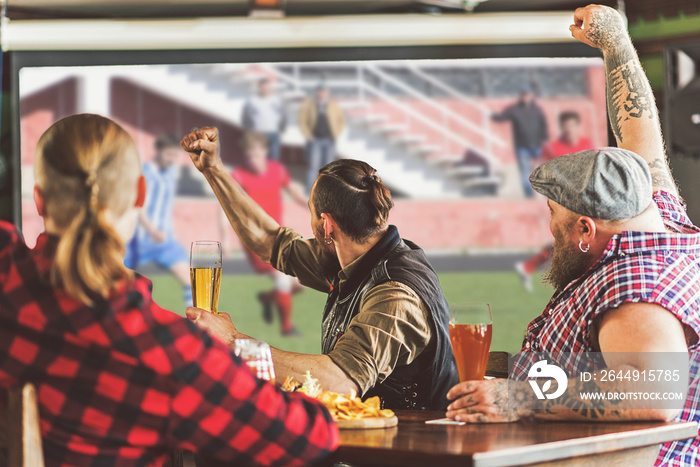 Joyful adult men drinking beer in bar