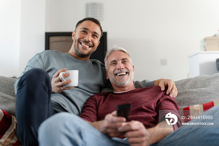 Smiling male couple watching TV at home