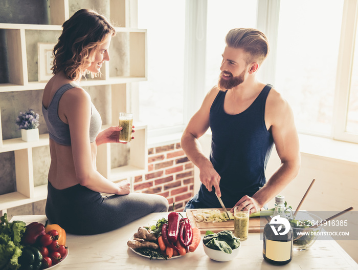 Couple cooking healthy food