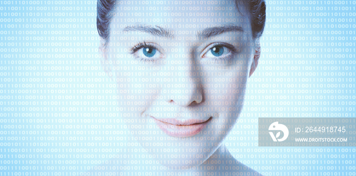 AI artificial intelligence or female programmer coder - binary computer code superimposed on face of woman