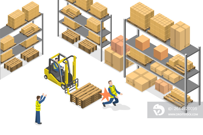 3D Isometric Flat  Conceptual Illustration of Warehouse Accident