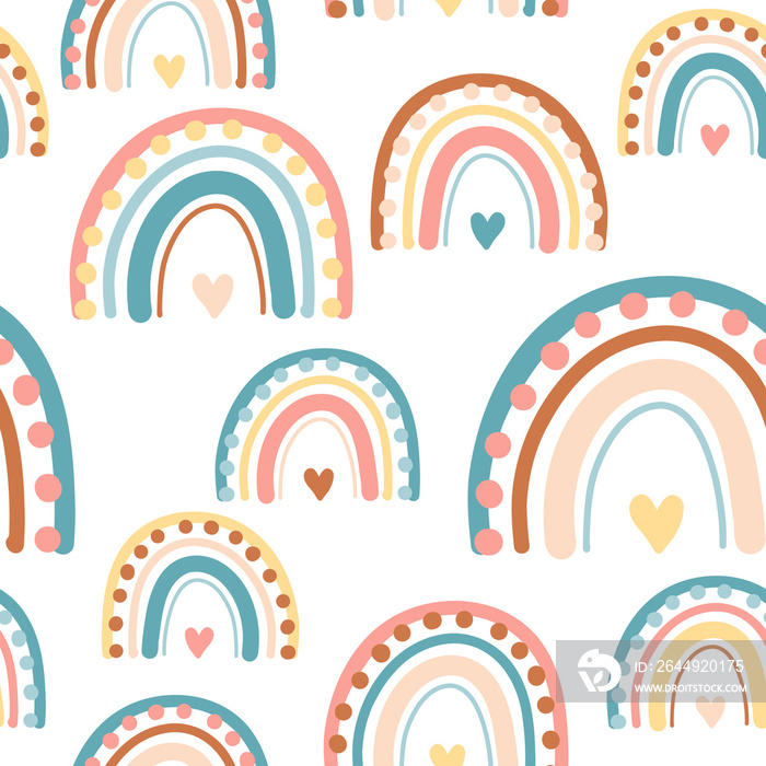 Cute boho seamless repeat pattern. Hand drawn, lovely rainbows with hearts all over surface print.