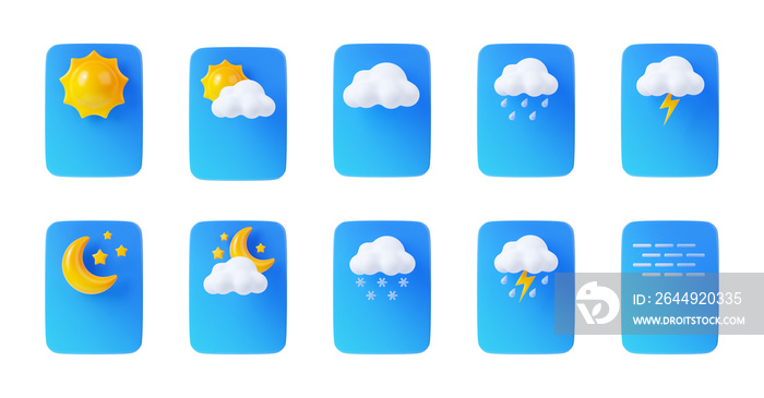 3d render weather app icons, widget interface elements isolated set. Web or mobile application ui design. Sun, fog, cloud, rain, lightning and snow, day or night cartoon illustration in plastic style