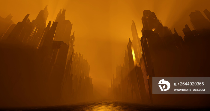 Sci Fi city abandoned landscape. Dark street house yellow fog smoke fire. Abstract concept background. 3D rendering