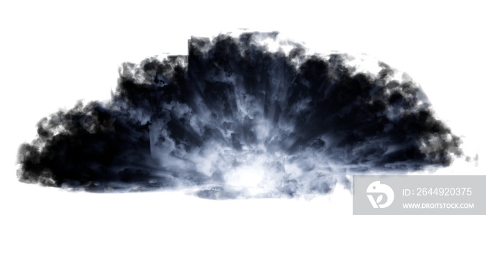 Dark, dense storm clouds with flashes of lightning on a transparent png Background. Graphic .