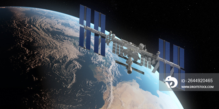 3d rendered illustration of the ISS infront of the earth