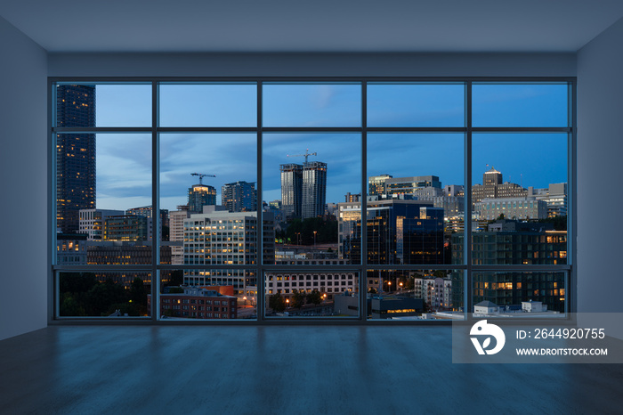 Empty room Interior Skyscrapers View. Cityscape Downtown Seattle City Skyline Buildings from High Rise Window. Beautiful Real Estate. Night time. 3d rendering.