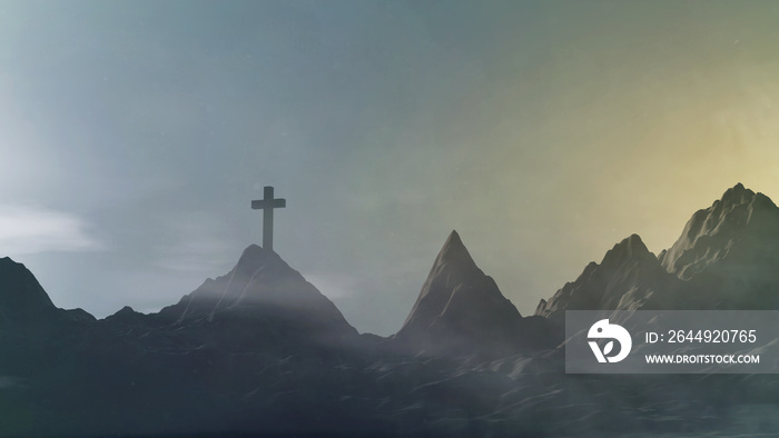 Silhouette of the cross over the sunset on mountain top 3d rendering. stations of the cross