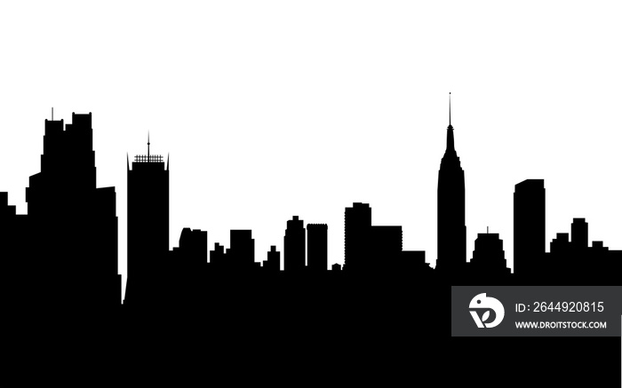 A graphic illustration of new york city skyline silhouette in black on a white background.