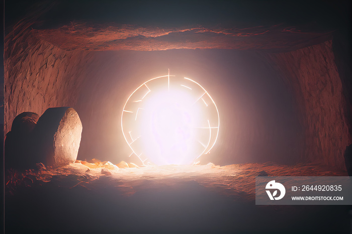 Christian Easter concept. Jesus Christ resurrection. Empty tomb of Jesus with light.