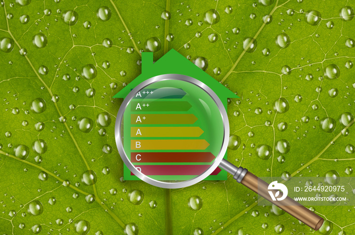 Energy saving, family house and real estate concept, magnifying glass, a green house with energy efficiency rating, green background with leaf with dew