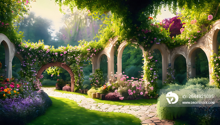 garden with flowers and trees,beautiful secret fairytale garden with flower arches and colorful greenery. Digital painting background