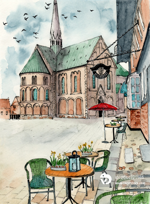 Watercolor illustration of a view on the Ribe Cathedral in an ancient city of Ribe in Denmark and a square with a cafe in front of it