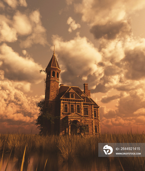 Haunted manor in grass field,3d rendering