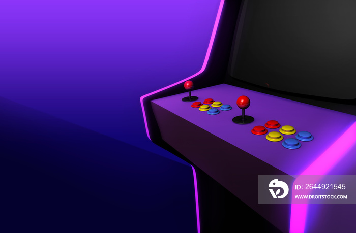 3D render retro gaming concept. Close up to the joysticks of an old fashioned arcade gaming machine cabinet