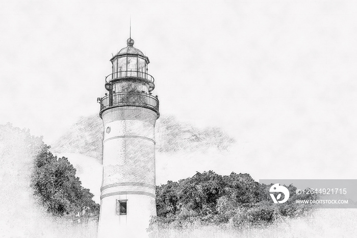 Key West Lighthouse, Florida USA, hand drawn style pencil sketch