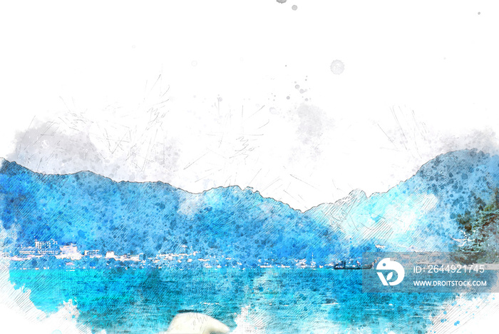 Abstract Colorful mountain peak and soft wave sea water on watercolor illustration painting background...................