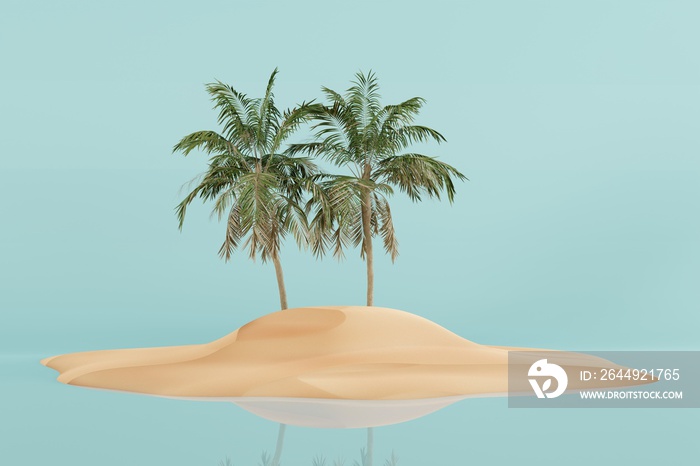 A deserted island with two palm trees. Concept of travel, exploring uninhabited islands. 3d render, 3d illustration.