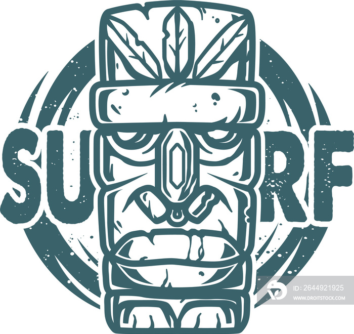 Surfing print of stone tiki mask, face idol. Vector illustration hawaii summer t-shirt design