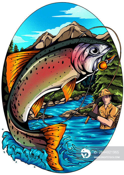 Trout fish illustration. Perfect ethnic backgrounds, tattoo art, design art. Use for printing, posters, shirts with textiles.