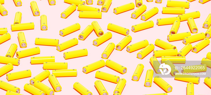 Minimal composition for energy concept. Yellow AA alkaline batteries on pink background. 3d rendering illustration. Object isolate clipping path included.