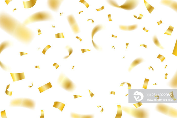 Falling shiny golden confetti. Festive decoration for birthday party celebration or a new year. PNG with transparent background and alpha channel to cut out