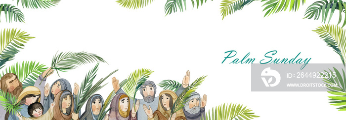 Rectangular watercolor frame Palm Sunday: praying women and men with palm branches. For Christian church publications, bible magazine designs, prints