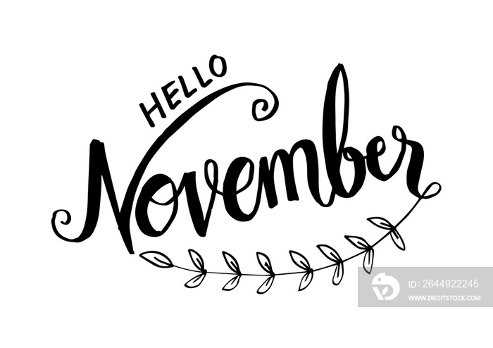 Hello November hand lettering. Poster, postcard, greeting card.