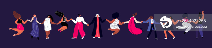 Happy International Woman Day.Feminism concept.Bright Beautiful Different Dancing Girls Holding Hands.Party,Eight of March Celebration. Free Confident Women.Female Empowerment.Vector Flat Illustration