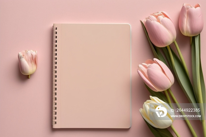 Floral banner, a pink pastel tulip flower and note paper book with empty space for copy text, pastel pink background.