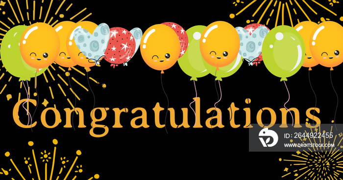 Image of congratulations text over balloons and fireworks on black background