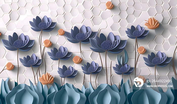 3D wallpaper background, High quality Hexagon rendering decorative mural wallpaper illustration, 3D flower Living room wallpaper.