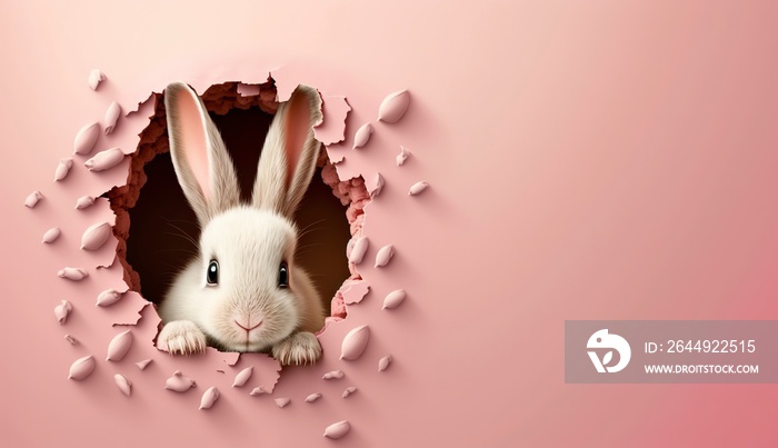 Bunny peeking out of a hole in pink wall background, fluffy cute eared bunny easter bunny banner, rabbit jump out torn hole