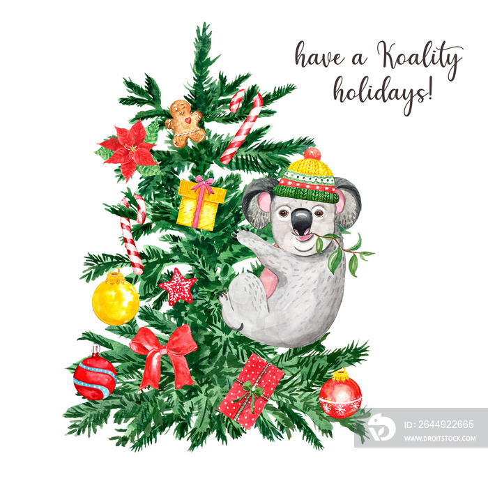 Cute Christmas and New Years card with hand drawn koala in winter hat, sitting on festive holiday fir tree. Watercolor illustration, isolated on white background. Festive ornaments and animal.