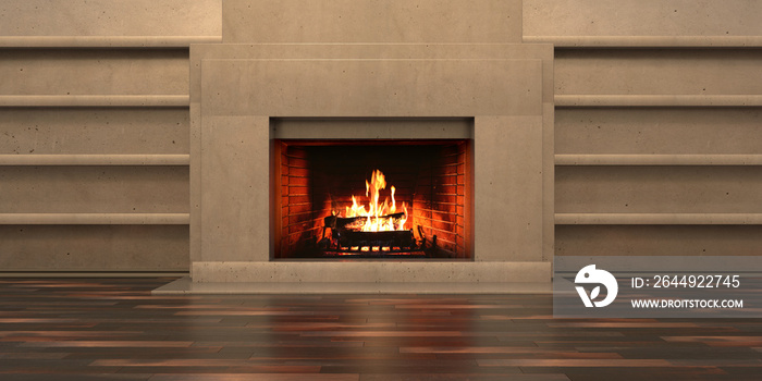 Burning fireplace, cozy home interior. 3d illustration