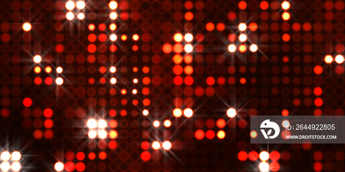 Glowing pattern wallpaper. Glamour background of colorful lights with spotlights. Shining lights party leds on black background. Digital illustration of stage or stadium spotlights.