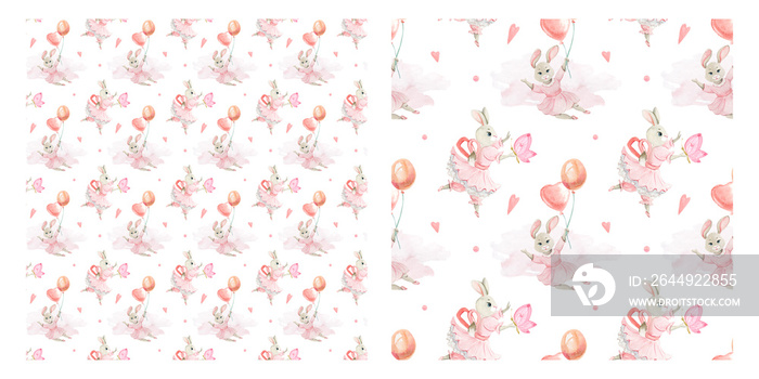 Watercolor Seamless pattern of cute bunnies. Girl and boy, blue and pink festive background. Children’s background with animals. Sleeping bunny. Backgrounds for children’s party, cards, textiles, clot