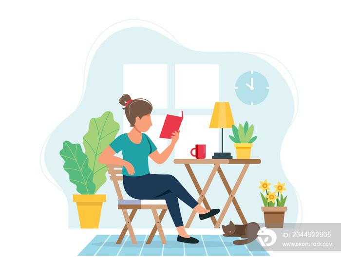 Stay home concept. Woman reading a book in cozy modern interior. illustration in flat style