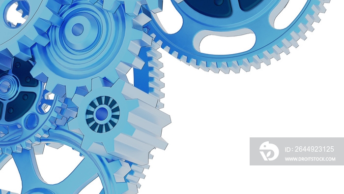 Mechanism blue metallic gears and cogs at work under white spot lighting background. Industrial machinery. 3D illustration. 3D high quality rendering. 3D CG. PNG file format.