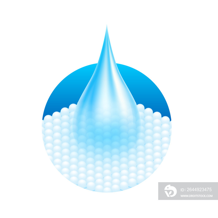 Water droplets flow through the absorbent pad close up. Used for advertising diapers and sanitary napkins. Sponge pads and hygroscopic tablets offering soft comfort. 3D File PNG.