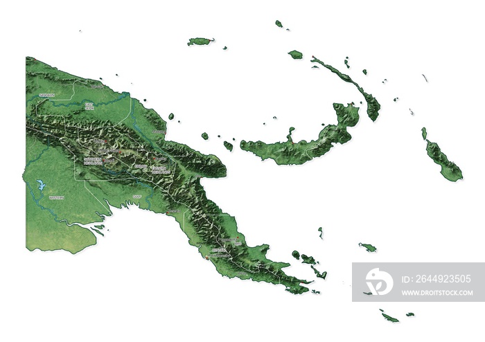 Isolated map of Papua New Guinea with capital, national borders, important cities, rivers,lakes. Detailed map of Papua New Guinea suitable for large size prints and digital editing.