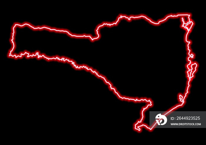 Red glowing neon map of Santa Catarina Brazil on black background.