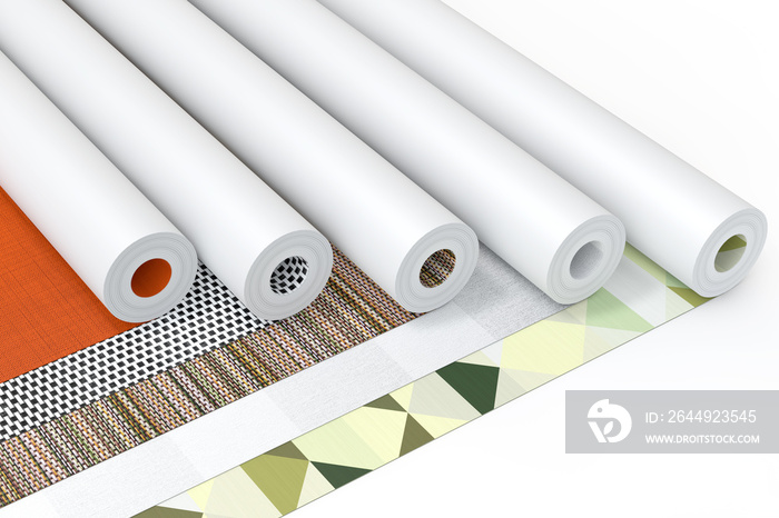 Row of Paperhanging Wallpaper Paper Rolls with Abstract Print. 3d Rendering