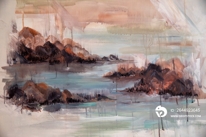 Modern art. Closeup view of romantic painting depicting a coastal landscape. The rocks, ocean and waves with beautiful brushstrokes texture and color combination.