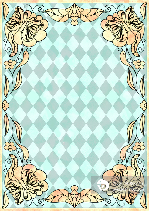 Decorative art nuovo floral blank frame on Alice in Wonderland style diamond checker pattern  vertical format with text place and space