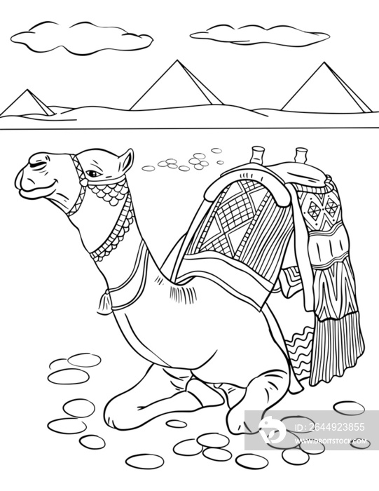 Stylized cartoon Egyptian camel on white background. Freehand sketch for adult anti stress coloring book page with doodle elements.