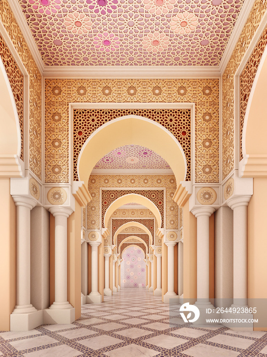 Arabic,Islamic architectural detail in columns and arches of mosque.3drendering