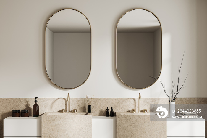 White bathroom interior with double sink, close up