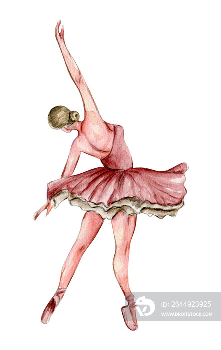 Watercolor dancing ballerina in pink dress. Isolated dancing ballerina. Hand drawn classic ballet performance, pose. Young  pretty ballerina women  illustration. Can be used for postcard and posters.