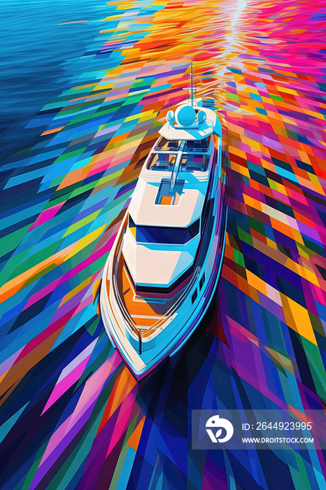 Un superyacht de luxe, dans le style des éclaboussures de couleurs, peintre d’art op, abstractions aériennes, dmitry spiros, ultraviolet